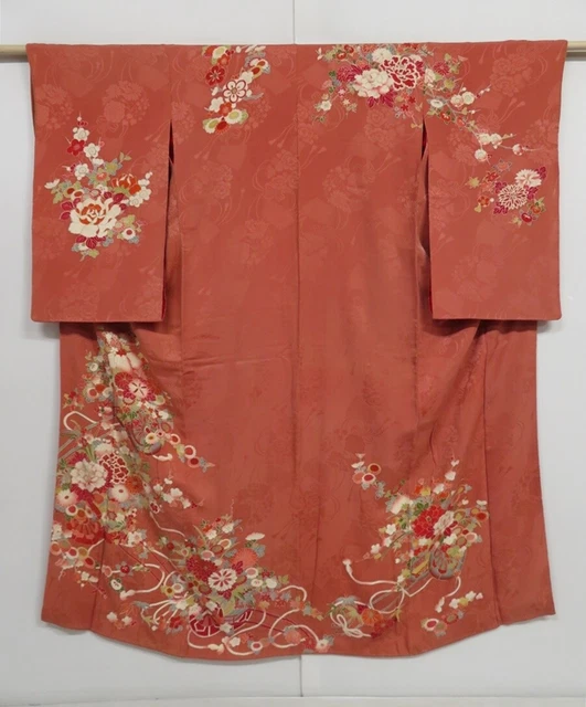 1026i04z540 Antique Japanese Kimono Silk TSUKESAGE Pink-Brown Flower cart