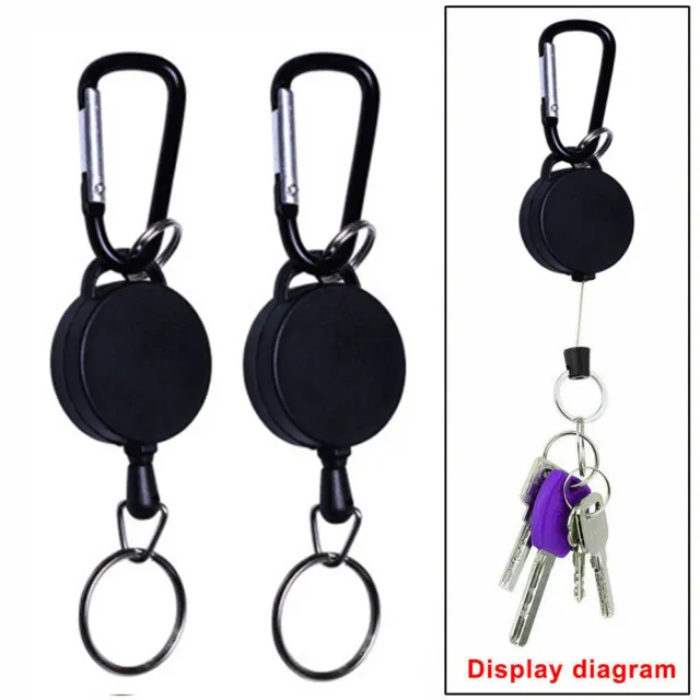 2x Retractable Stainless Steel Keyring Pull Ring Key Chain Recoil Heavy Duty
