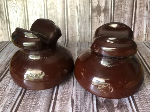 2 Large SBT Saddle Ceramic Electric Insulators Vtg Brown 5”x5.5” Ohio Brass Co.