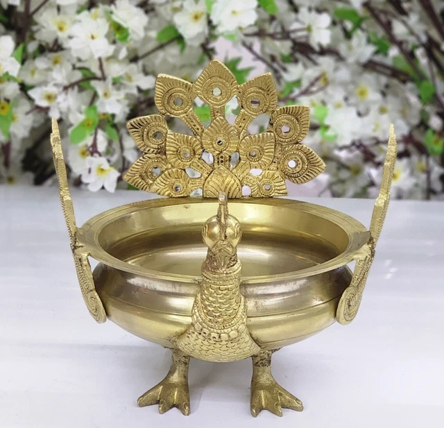 Brass Peacock Urli Bowl for Home Decoration Handcrafted Floating Flower Urli