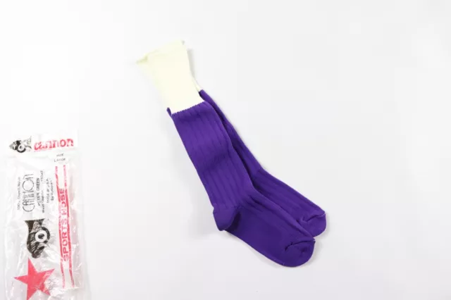 NOS Vintage 80s Cannon Youth Large Nylon Tall Athletic Soccer Socks Purple White