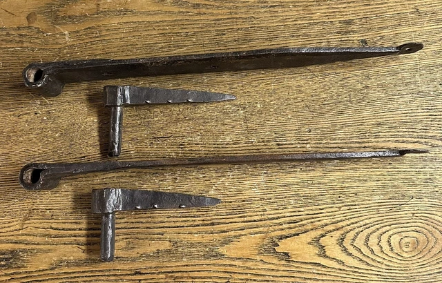 Antique 15” Hand Wrought Iron Barn Door Hinges & Pintels, 19th Century