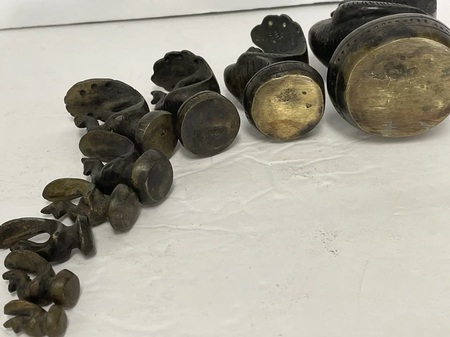 Rare Complete Set Antique Burmese Opium Bronze Weight Set Peacock Bird 9 Pc Vtg 15