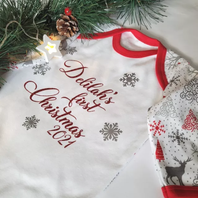 PERSONALISED First Christmas Baby Grow Sleepsuit Baby Romper First Xmas 1st