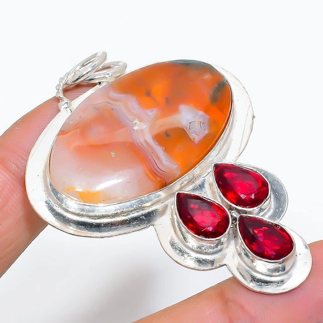 Aqua Nevada Agate, Garnet 925 Sterling Silver Jewelry Pendant 2.48" Y452
