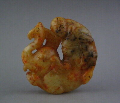 Chinese Old Yellow Jade Hand-Carved kid & Elephant amulet Pendant