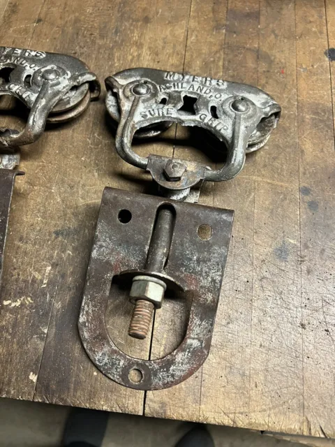 Original Myers Adjustable Sure Grip Stay On cast iron Barn Door Rollers Hangers 3