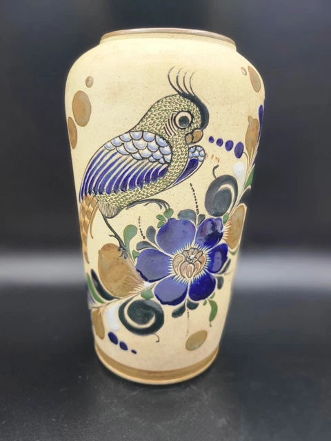 Vintage Talavera Bird Cockatoo Parrot Vase Hand Painted Mexican Folk Art Signed