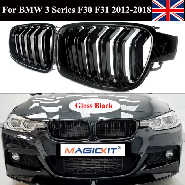 For Bmw F30 F31 3 Series 2012-18 Kidney Twin Grills Grille Gloss Black Dual Line