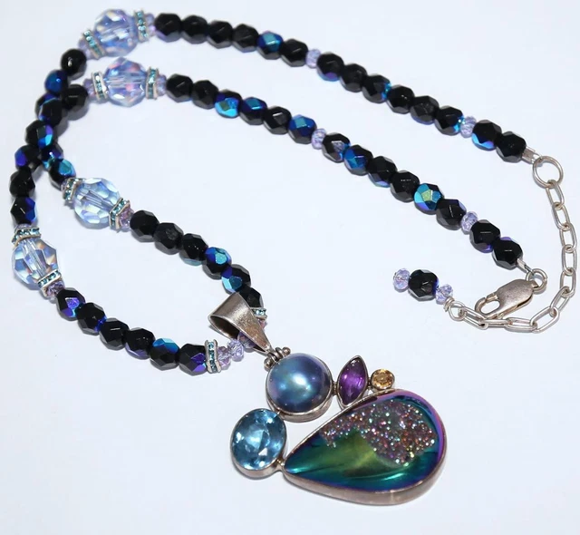 Sterling Druzy Quartz Blue Mabe Pearl Topaz Amethyst 2" Pendant Crystal Necklace