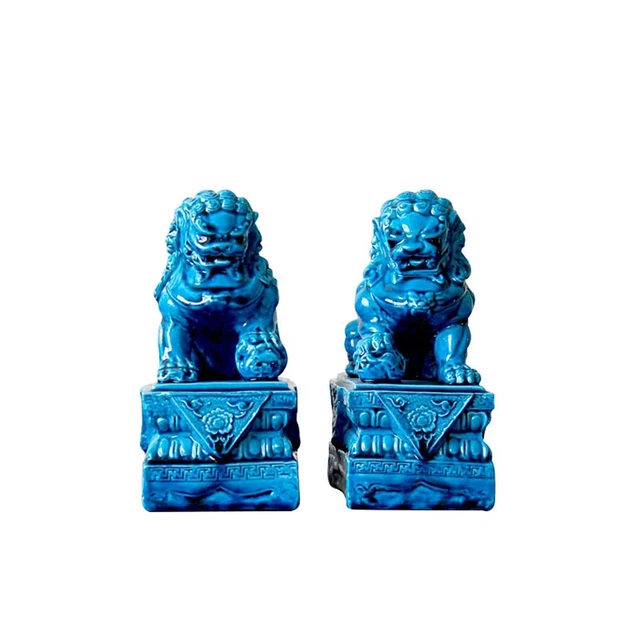 jdzjybqx Chinese Fu Lions Foo Dogs Statues Pair Blue Ceramic Feng Shui for Ho...