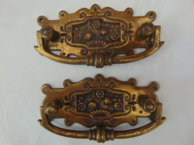 Pair Antique French Ornate Gilt Brass Drawer Furniture Drop Handles Pulls