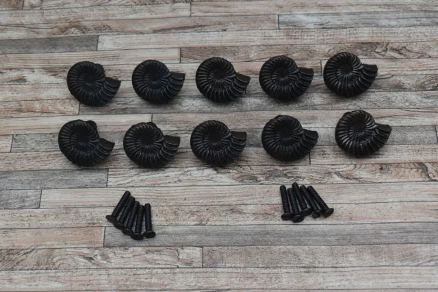 10Pc Vtg Cast Iron Sea Snail Shape Drawer Cabinet Door Gate Pulls Knobs Handle