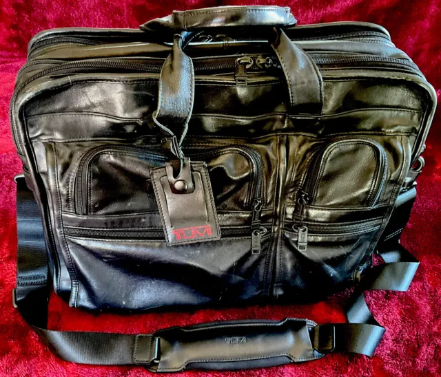 Tumi Alpha Expandable Organizer Laptop Briefcase Black Leather Bag soft leather