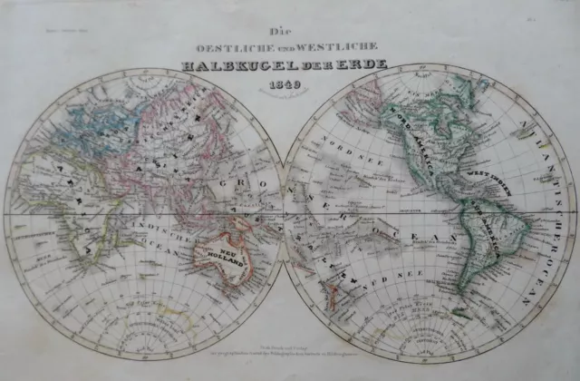 World Map in Double Hemispheres Africa Europe Asia Americas 1849 engraved map