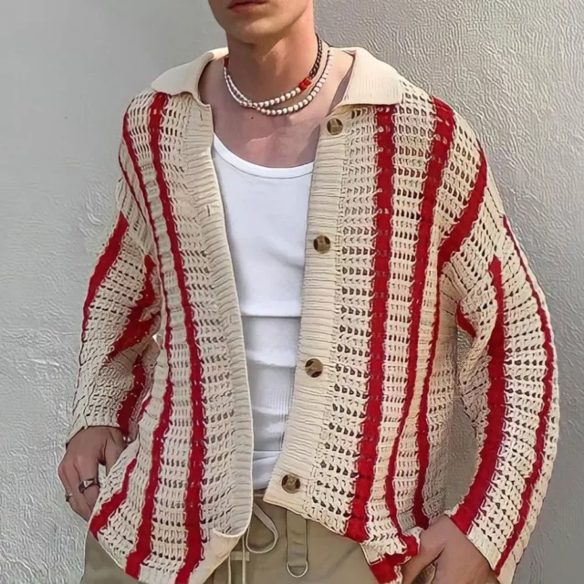 Maglione cardigan alla moda con risvolti a righe abbottonato per uomo