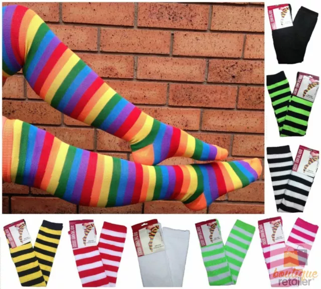 10x OVER THE KNEE SOCKS Plain Striped High Thigh Ladies Long Stocking BULK Price