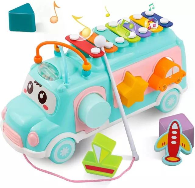 Baby Pull Along Xylophone Colourful Shape Sorter Musical Bus Toy for Toddlers