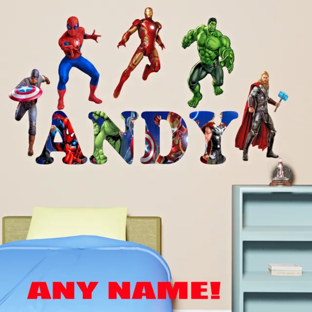 Personalised Name Avengers Superhero Theme Wall Stickers Mural Decal Spiderman