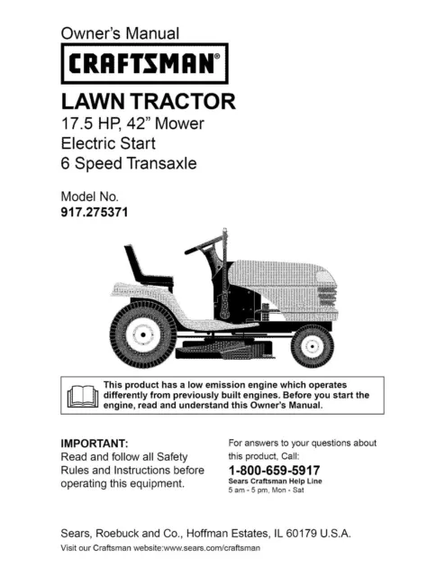 TRACTOR OPERATOR MANUAL Fits Sears Craftsman 42