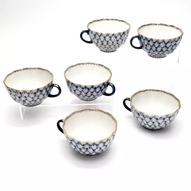 Lomonosov Imperial Porcelain Tea Cups Cobalt Blue Gold Net Pattern USSR Set of 6