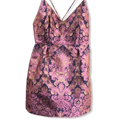 Free People Queen of Hearts Dress Pink Purple Brocade Sz 10 Mini V-Neck Low Back