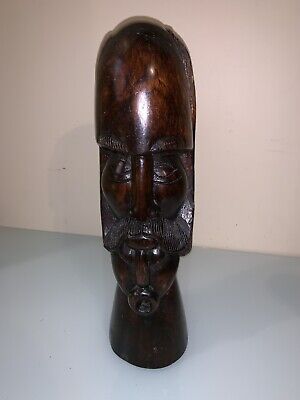 Hand Carved 13” Bearded TRIBAL Warrior Wooden Statue Bust Head - African Art