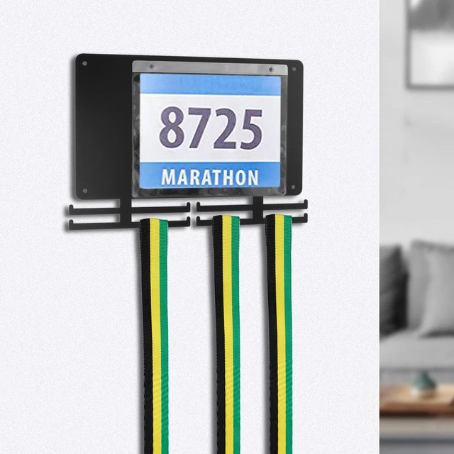 CREATCABIN Porte-Médailles Course Sur Sentier Avec Étagère à Trophées,Support Sport,Cadre Mural En Fer,Crochet Pour Médailles Métal Pour Accrocher Médailles,Prix Des Athlètes Marathon,40x20x10cm,Noir