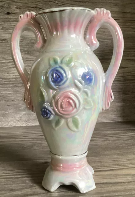 Vintage Pastel Pink & Blue Roses Dual Handle Rainbow Lustre Porcelain Vase Decor