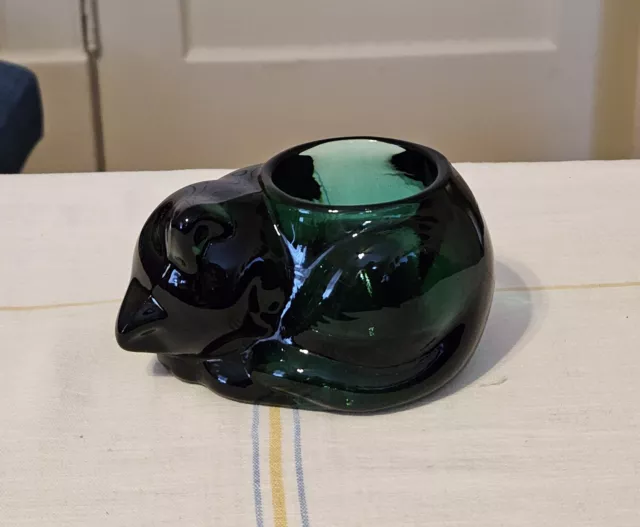 Vtg Indiana Glass Emerald Green Sleeping Cat Votive Candle Holder