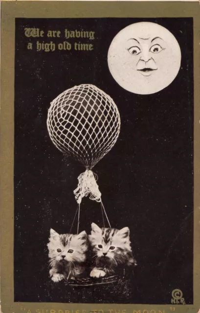 Having a High Old Time Cats Kittens Hot Air Balloon Face on Moon 1910 Postcard