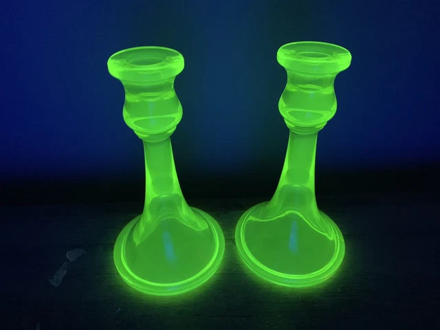 Old Vintage Uranium Vaseline Glass Candlestick Pair Round Candle Holders