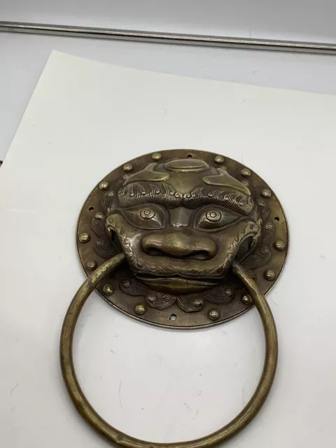 Vintage Chinese Copper Feng Shui Lion Head Door Knocker 8 1/4” Ring