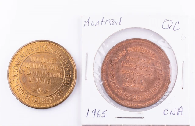 2 Montreal Quebec Coin Convention Tokens (1) 1965 & ? Laurentien Hotel 50c
