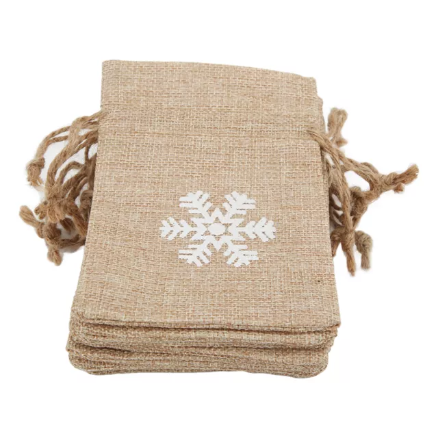 9 Pcs Linen Jute Gift Pouches Bags Retro Printed White Snowflakes Jute Bags For
