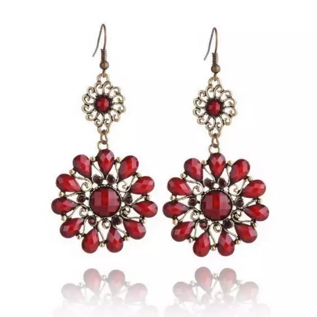 Red and Gold Boho Dangle Earrings Flowers Stone Womens Jewelry Fashion