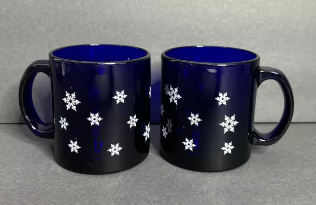 2 Libbey Snowflake Coffee Mugs Cobalt Blue White Glass Handled 3.75" Tall