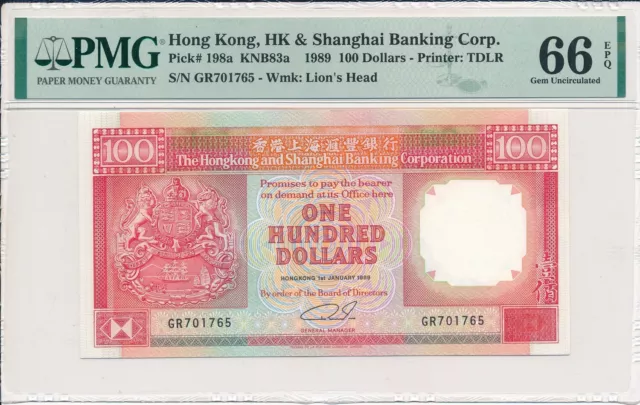 Hong Kong Bank Hong Kong  $100 1989  PMG  66EPQ