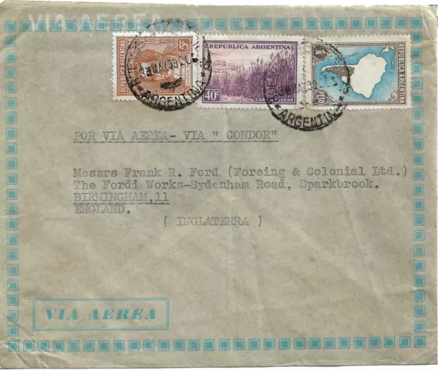 Argentina 1939 Typed Cover With Various Stamps To Birmingham England Ref 2047