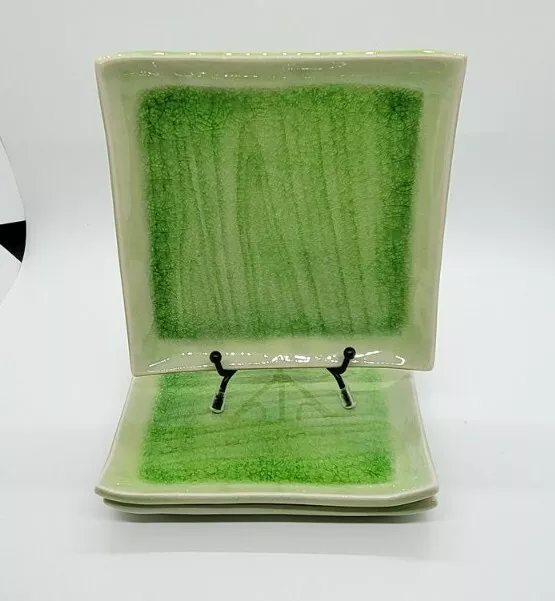 Beautiful Set of 3 Japanese Ceramic Small Plates Square Green Brush Glazed Asian