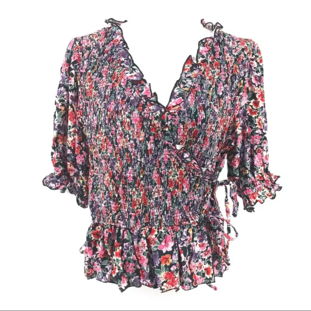 Women's Pink Topshop Shirred Black Floral Tea Ruffle Wrap Blouse sz 12