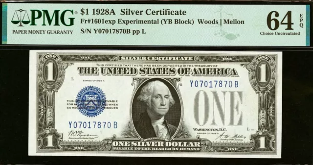 1928A $1 Silver Certificate PMG 64EPQ Experimental YB Block Fr 1601exp