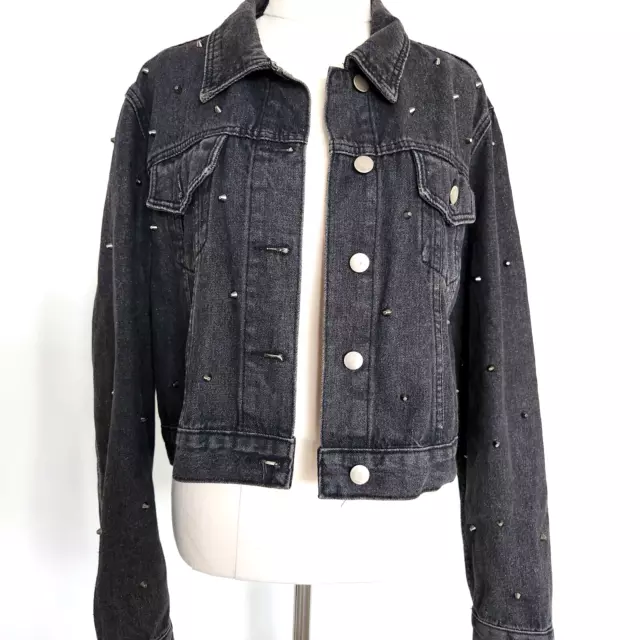 Ally Denim Jacket Womens Black Studded Distressed Size 12 Pockets Cute Faded