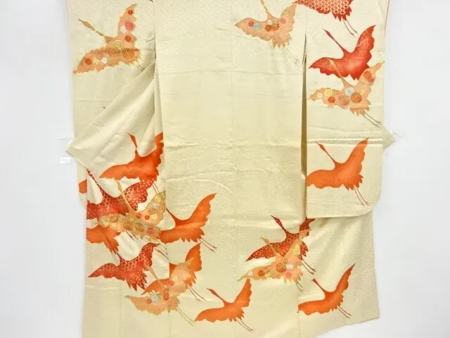 84865# Japanese Kimono / Antique Furisode / Embroidery / Cranes With Kiku