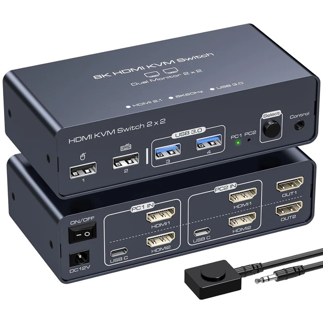 Commutateur KVM HDMI 8K60Hz 4K120Hz - 2 PC, 2 Moniteurs - USB 3.0 - Pour Gaming, Bureau, Montage Vidéo
