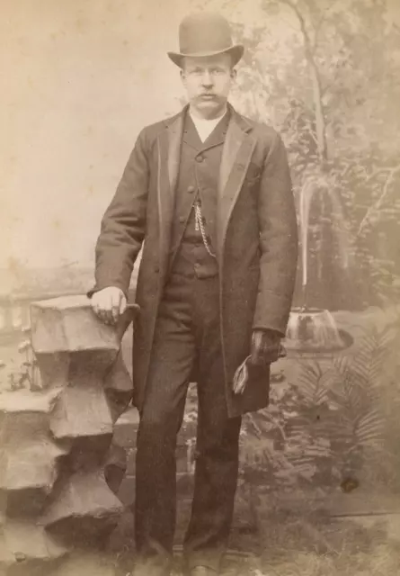 Antique Photo Cabinet Card YOUNG MAN W MUSTACHE HAT BACKDROP by HAUPT STUDIO N Y