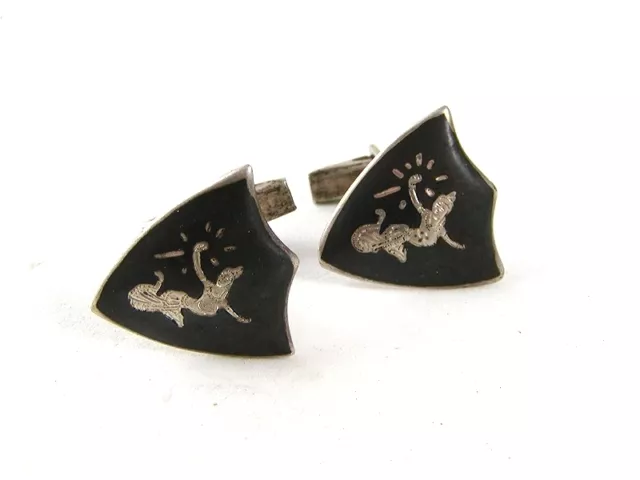 Vintage Siam Sterling Silver Niello Dancer In Shield Cufflinks 9916