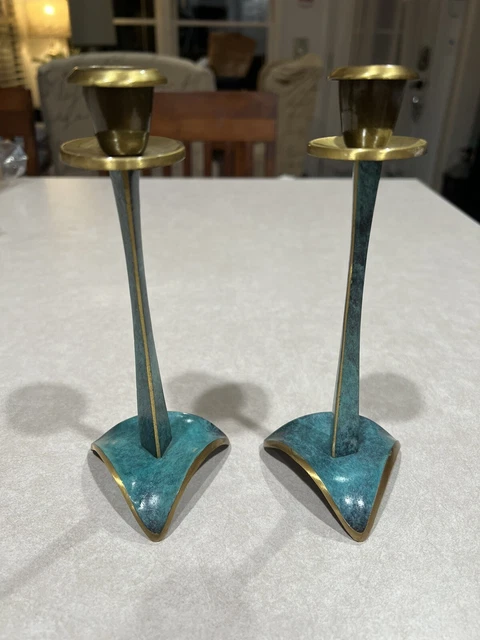 Vintage 1985 Oppenheim Made In Israel Pair Of Bronze Candlesticks-Very Good