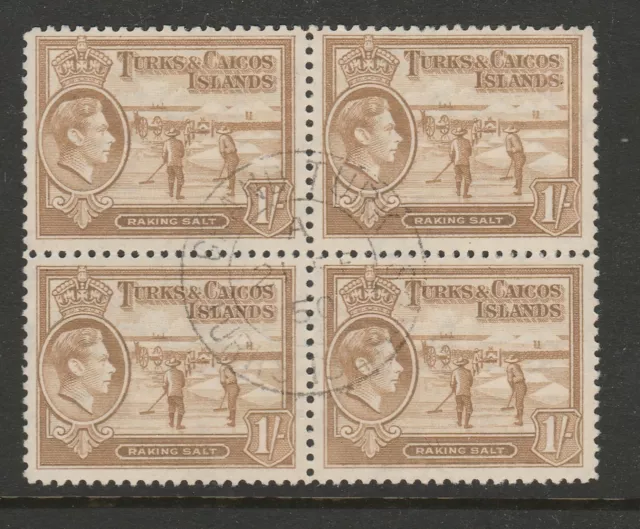 Turks & Caicos Is.1938-45 1/- Yellow-bistre in block of four SG 202 Fine used.