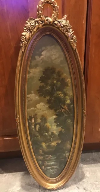 Italy Original Van Ros Waterfall Trees Oil Painting Oval 25"x9.5" Gilt Frame